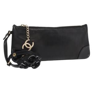 CHANEL Camelia Clutch Bag Lamb Skin Black Silver CC Auth BA9202V